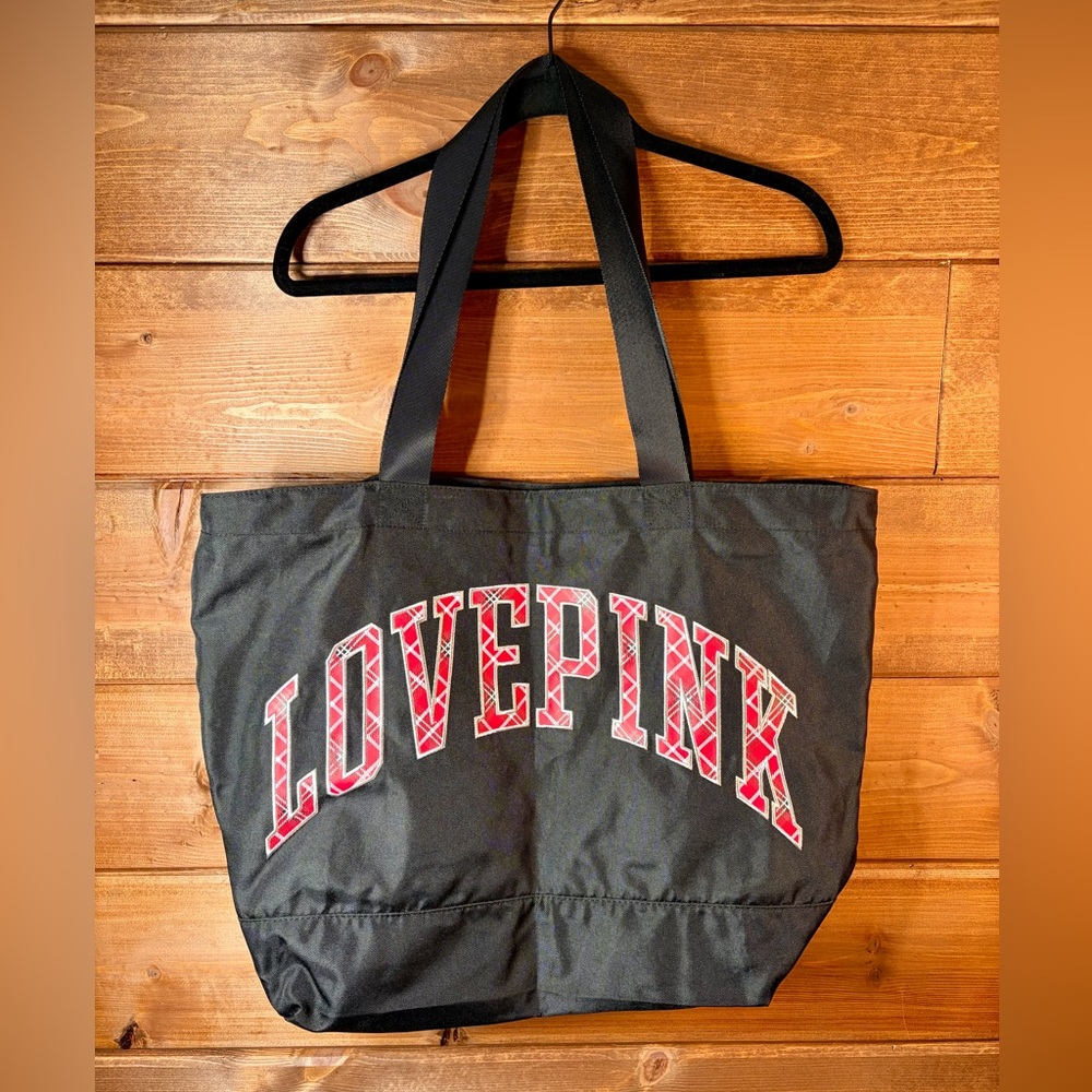 PINK Victoria's Secret Black Tote with Red Plaid Logo